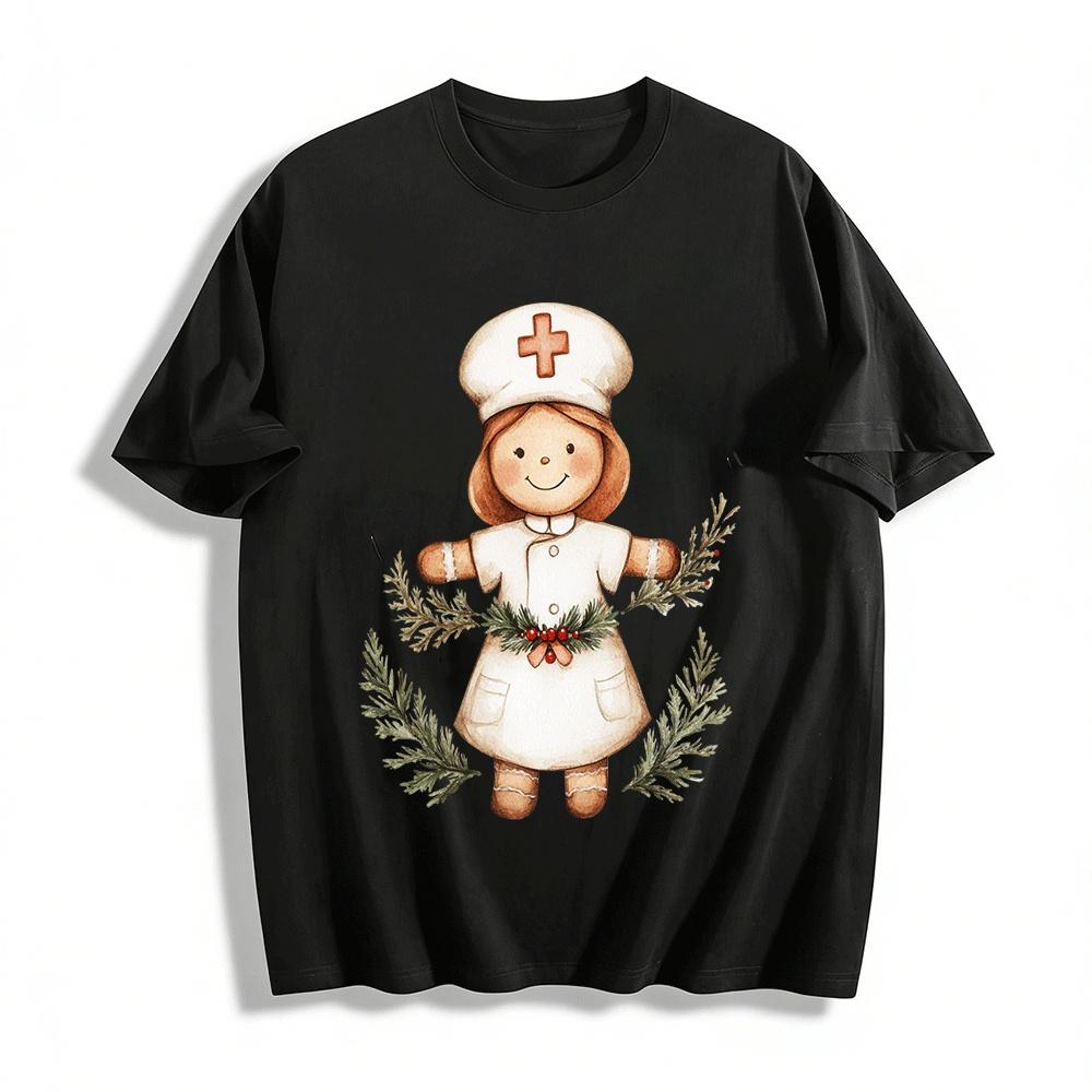 Christmas Gingerbread Nurse Print Casual Top Pure cotton T-shirt XXS