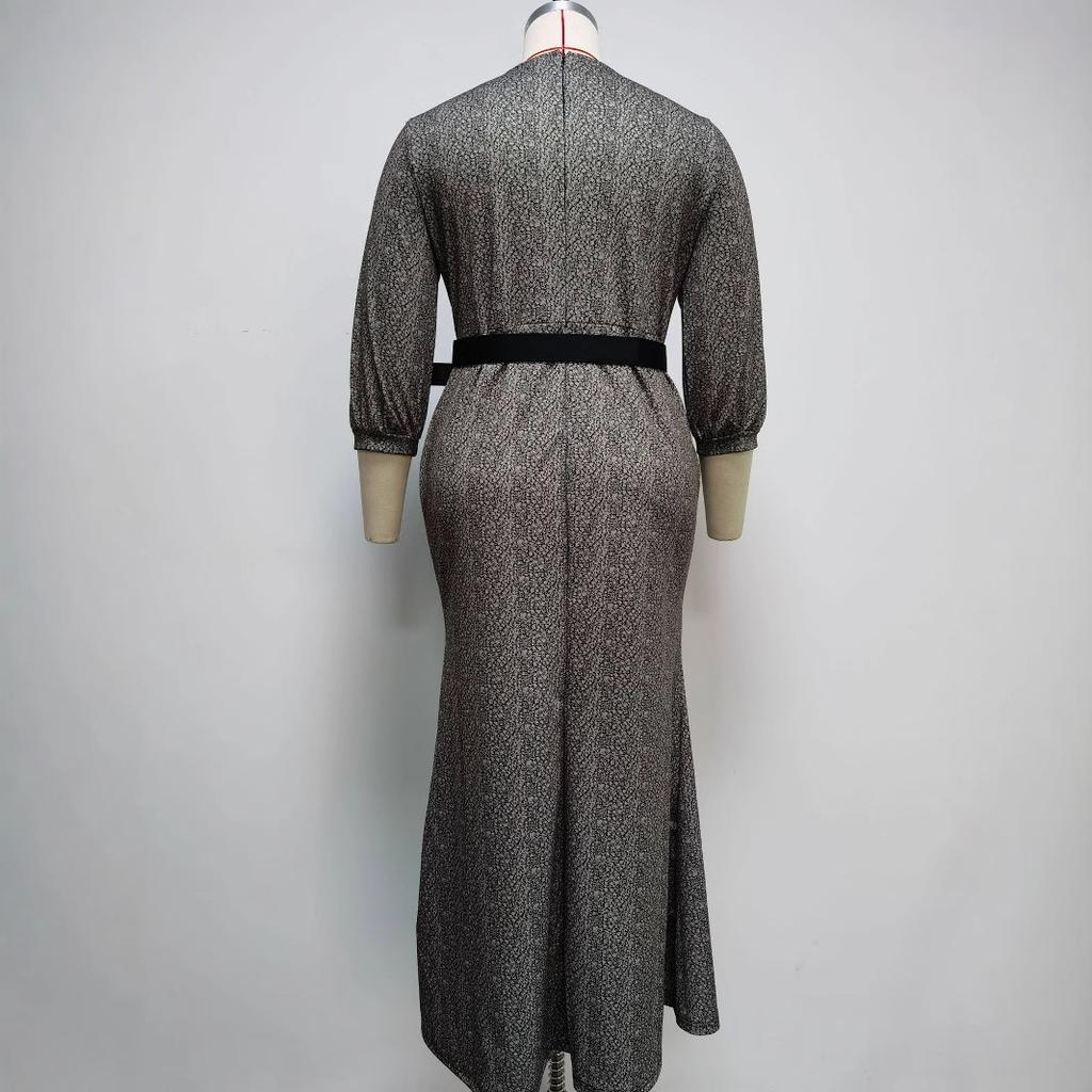 Large Size Women's Clothing New Round Neck Printed Fishtail Dress Evening Dress Long Dress Source Factory
