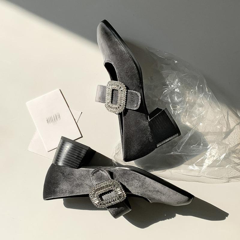 New mid-heel fashion single shoes women's round head non-slip beef tendon sole square heel buckle leather women's shoes wear small leather shoes in 