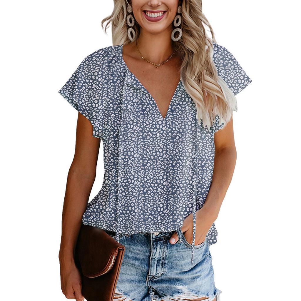 Casual Women Printed V-neck Floral Short-sleeved Casual Pullover T-shirt
