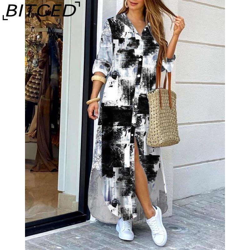 BITCED Women's Spring/Autumn Fashion: Sensual Single-Breasted Button-Down Shirt Dress Loose-Fitting Polo Neck Dress