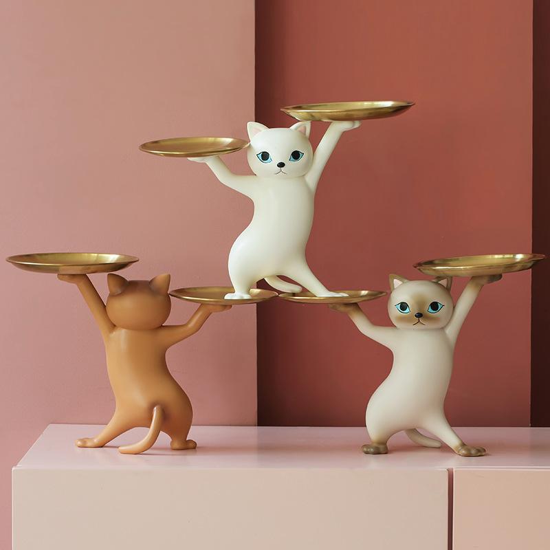 Creative Cat Tray Resin Sculpture Figurine Key Desktop Candy Home Office Table Storage Decoration Accessories Room Animal Decor