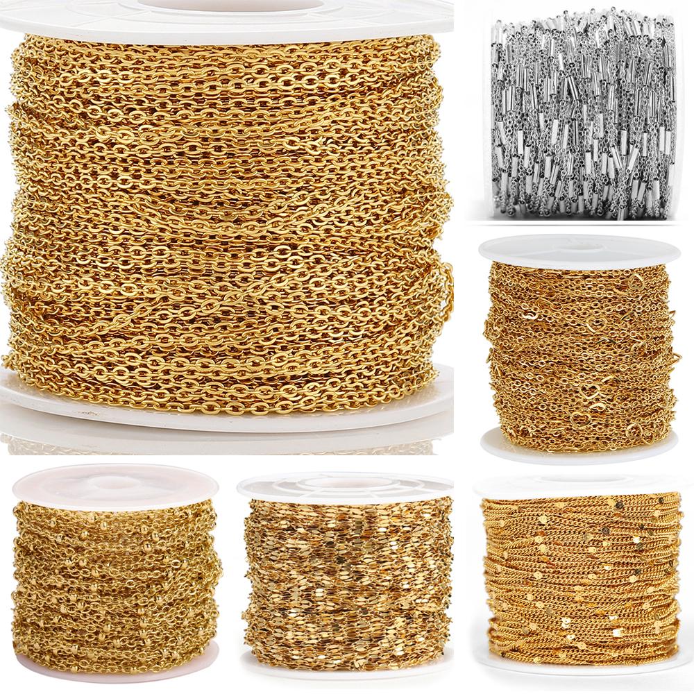 2meters Stainless Steel Cable Curb Chains for DIY Jewelry Making DIY Gold Color Tube Beads Chain Necklace Bracelet Components