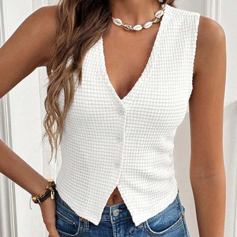 Women's Vest T-shirt Top Casual Sleeveless V-Neck Waffle Knit T-Shirt with Three-Button Closure