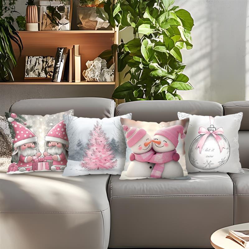 Home Decor Pink Gnome & Snowman Christmas Pillows Pattern Cushion Cover Suitable for Sofa Bedroom Car Pillow Cover