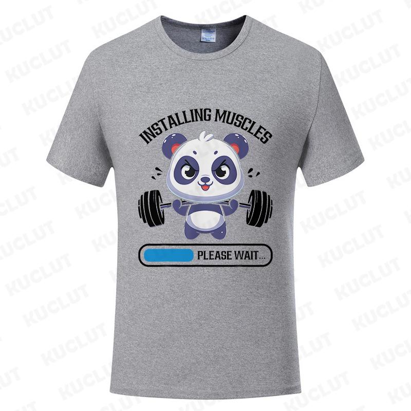 Funny Panda Gym Print T-Shirt Summer Tees for Men Women O-neck Casual Short Sleeve Weightlifting Installing Muscles Fashion Tops