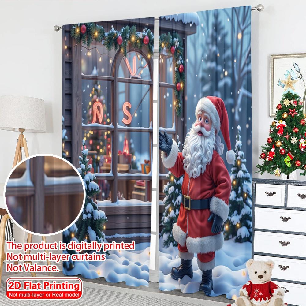 2pcs 2D flat printing Christmas Curtain Santa Christmas Snow Scene Polyester Fabric Without Electricity Party & Holiday Decor