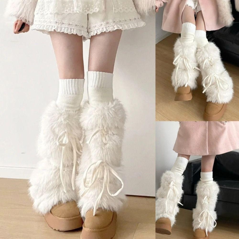 Solid Color Faux Fur Furry Leg Warmers Y2k Spicy Girl Lace Up Leg Warmers Foot Cover Warm Women's Stockings Fall Winter