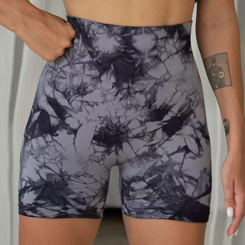European & American Tie-Dye High-Waist Quick-Dry Yoga Shorts: Seamless, Elastic, Hip-Lifting, Fitness-Ready
