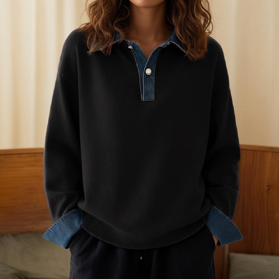 European & American Autumn/Winter Color Block Denim Patchwork Knit Pullover Sweater for Women