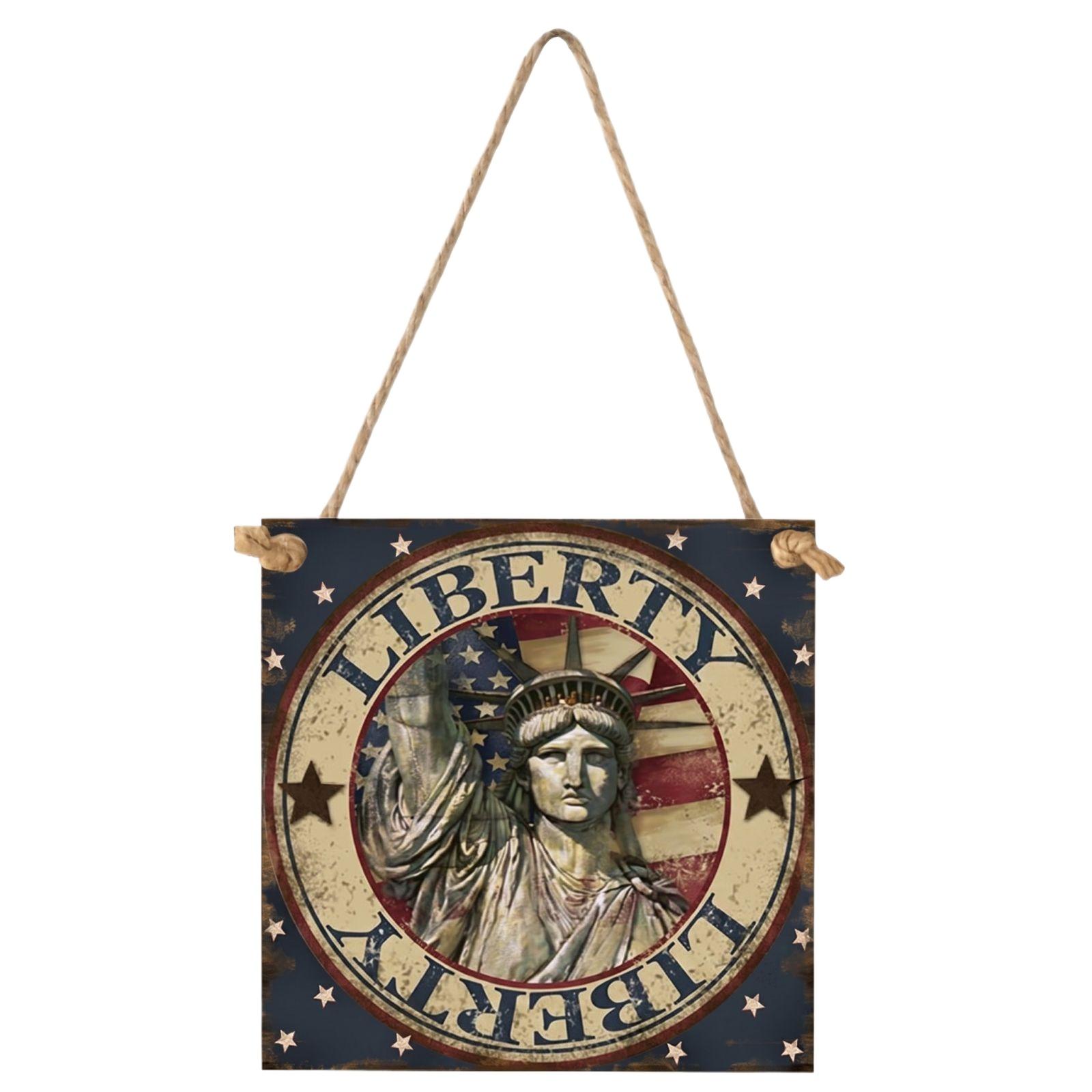 

Wooden Hanging Wall Decor with Statue of Liberty and Liberty Text Rustic Style American Independence Day Theme Decoration for Home and Office One Size