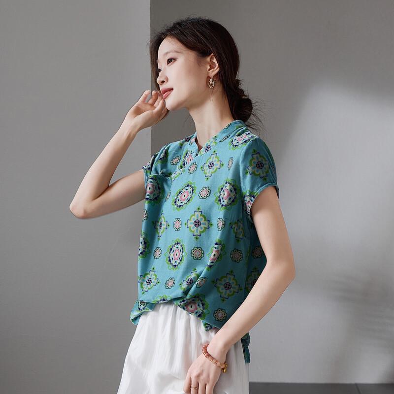 SOFSIL Women s New Chinese Style Printed Stand Collar Short Sleeve Shirt XL