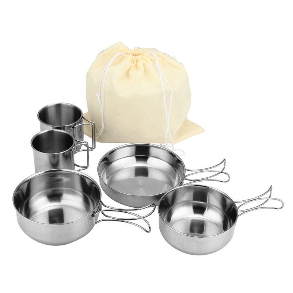 5Pcs 304 Stainless Steel Camping Cookware Set Stackable Foldable Handle Portable Cooking Pot Multi-functional Space Saving