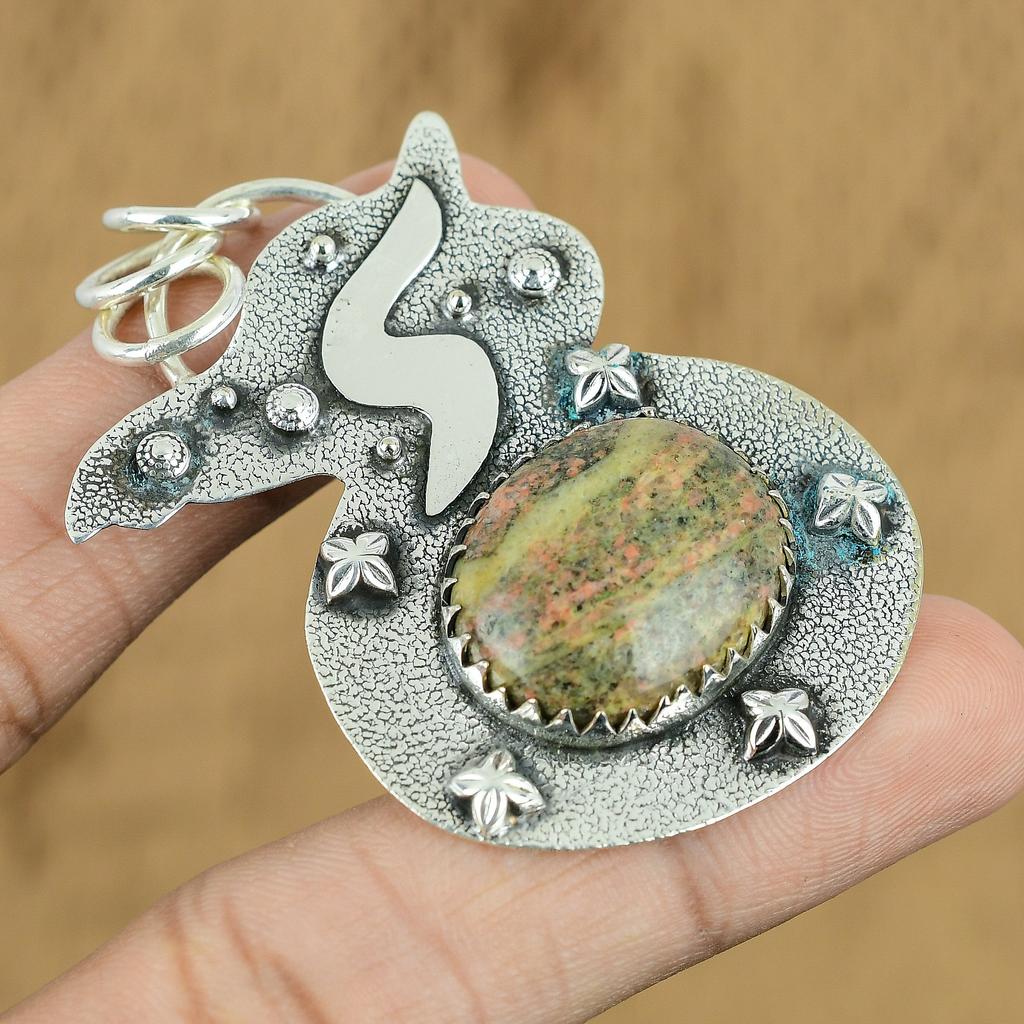 Natural Unakite Gemstone Pendant Green 925 Sterling Silver Indian Jewelry