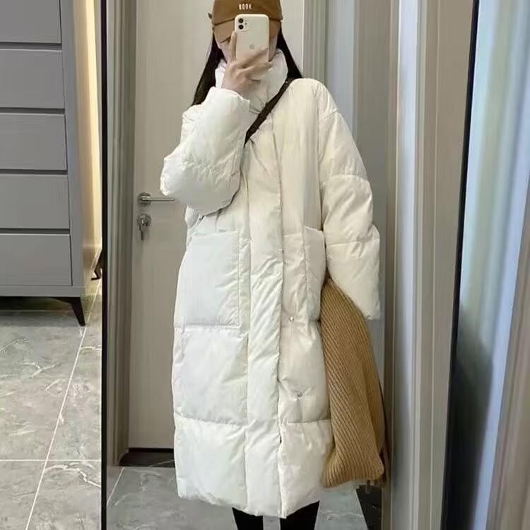 Women's Solid Color Korean Style Down Jacket - Medium To Long, Thickened, Loose Fit, Stand Collar, Cold-Proof, Large Size.