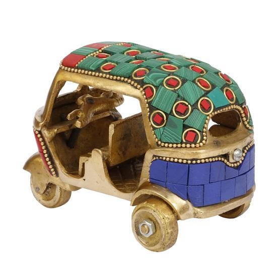 Brass Auto Rickshaw Multicolor Gemstone Handwork Statue Home Decor Fantasy Showpiece Gift.,7.6 X 6.4 Cm
