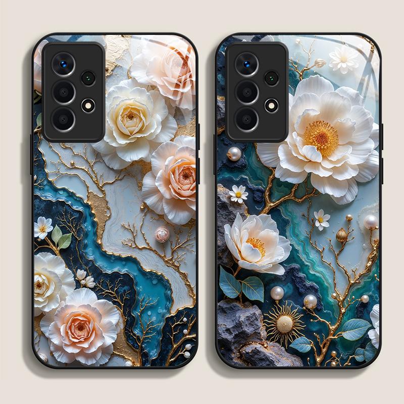 White Camellia Flower Marble Texture Tempered Glass Phone Case for Samsung Galaxy S26 S25 Ultra S24 S23 Plus S22+ S21 FE Covers