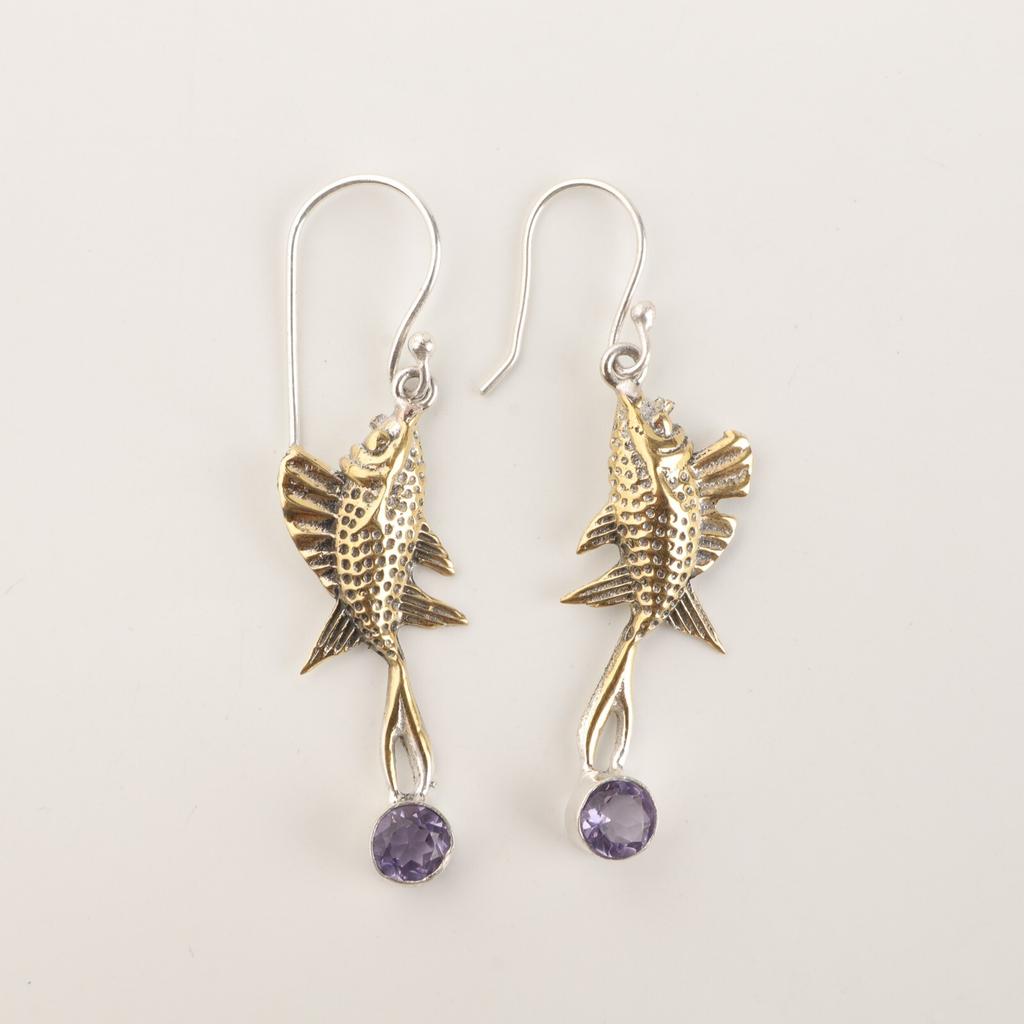 Natural Iolite Gemstone 925 Sterling Silver Jewelry Handmade Fish Earrings 2.17" EE-148-5