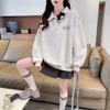 ZOSOUL Polo Collar Pullover Sweatshirt with Cat Embroidery