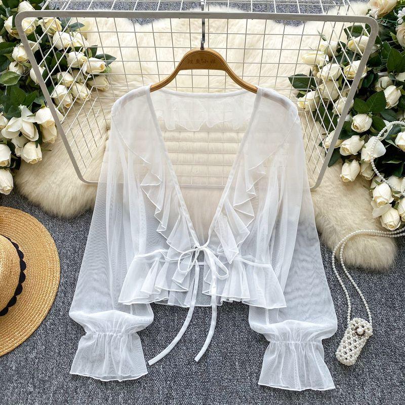 

Sweet Outdoor Thin See-through Lace-up Wooden Ear Bell Sleeve Sun Protection Shirt Women Summer Gentle Style All-Match Chiffon Shirt White All yards