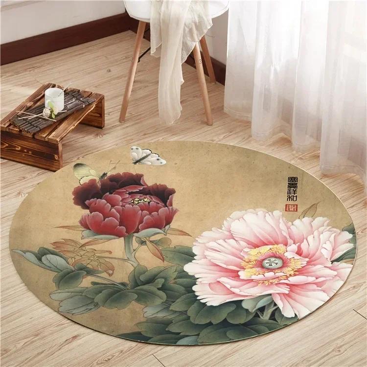 Lotus Flower Round Carpet Living Room Bedroom Yoga Mat Rugs Chinese Style Retro Non-slip Chair Mat Home Decoration Floor Mats