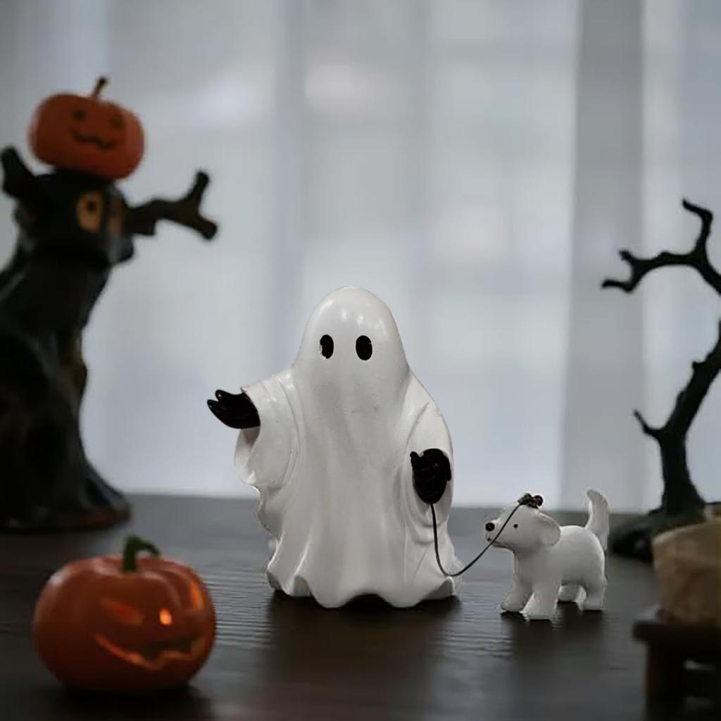 Ghosts And Puppy Candle Holder, Whimsical Halloween Statue, Ghosts Walking Dog Halloween Statue, Shelf, Table, Home Decor