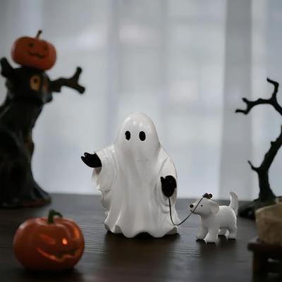 Ghosts And Puppy Candle Holder, Whimsical Halloween Statue, Ghosts Walking Dog Halloween Statue, Shelf, Table, Home Decor