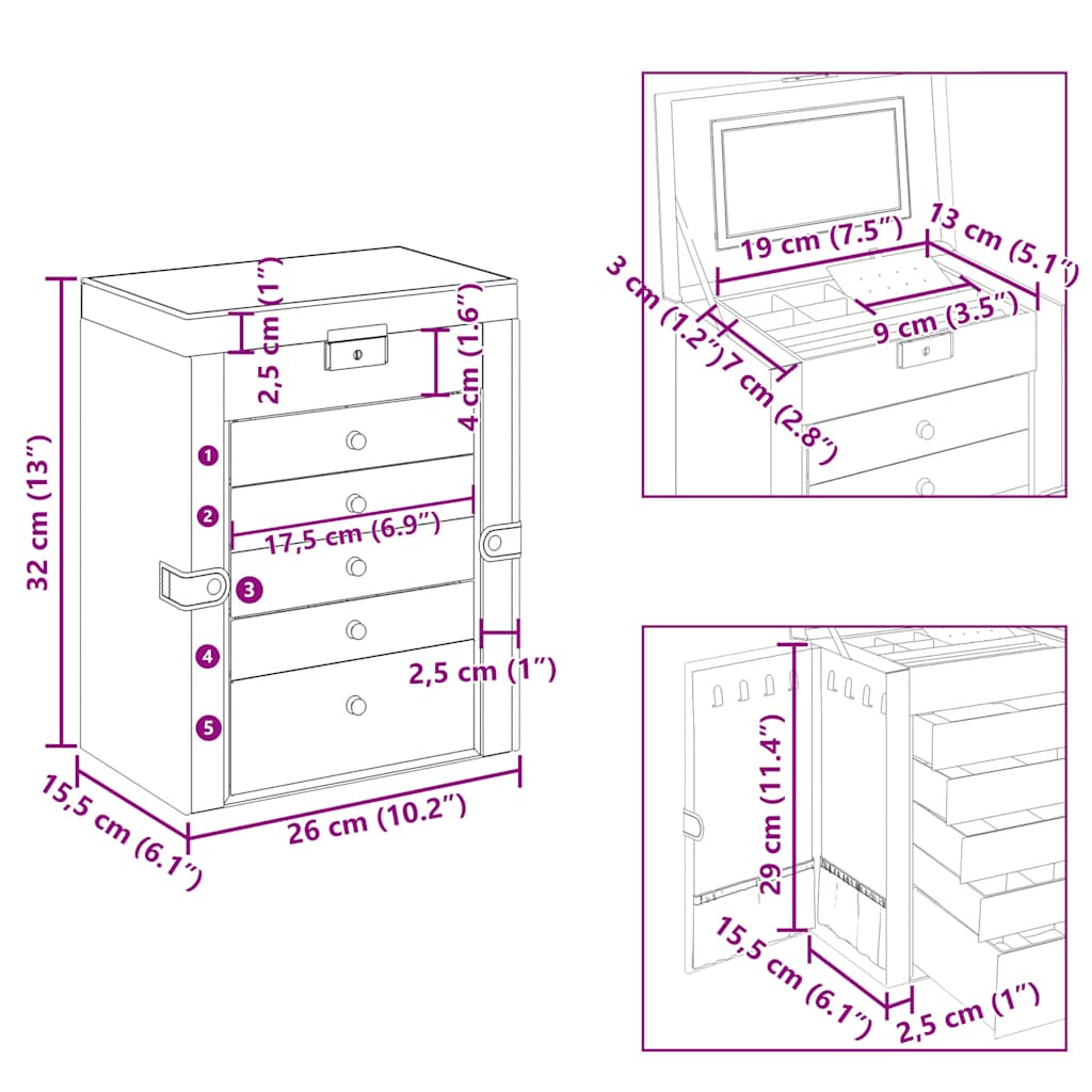 6 Tier Jewelry Box with Mirror and Lock Black