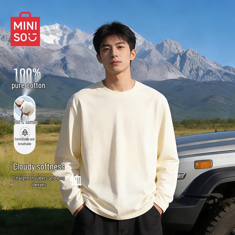 MINISO Men's Pure Cotton Loose Fit Long Sleeve T-Shirt