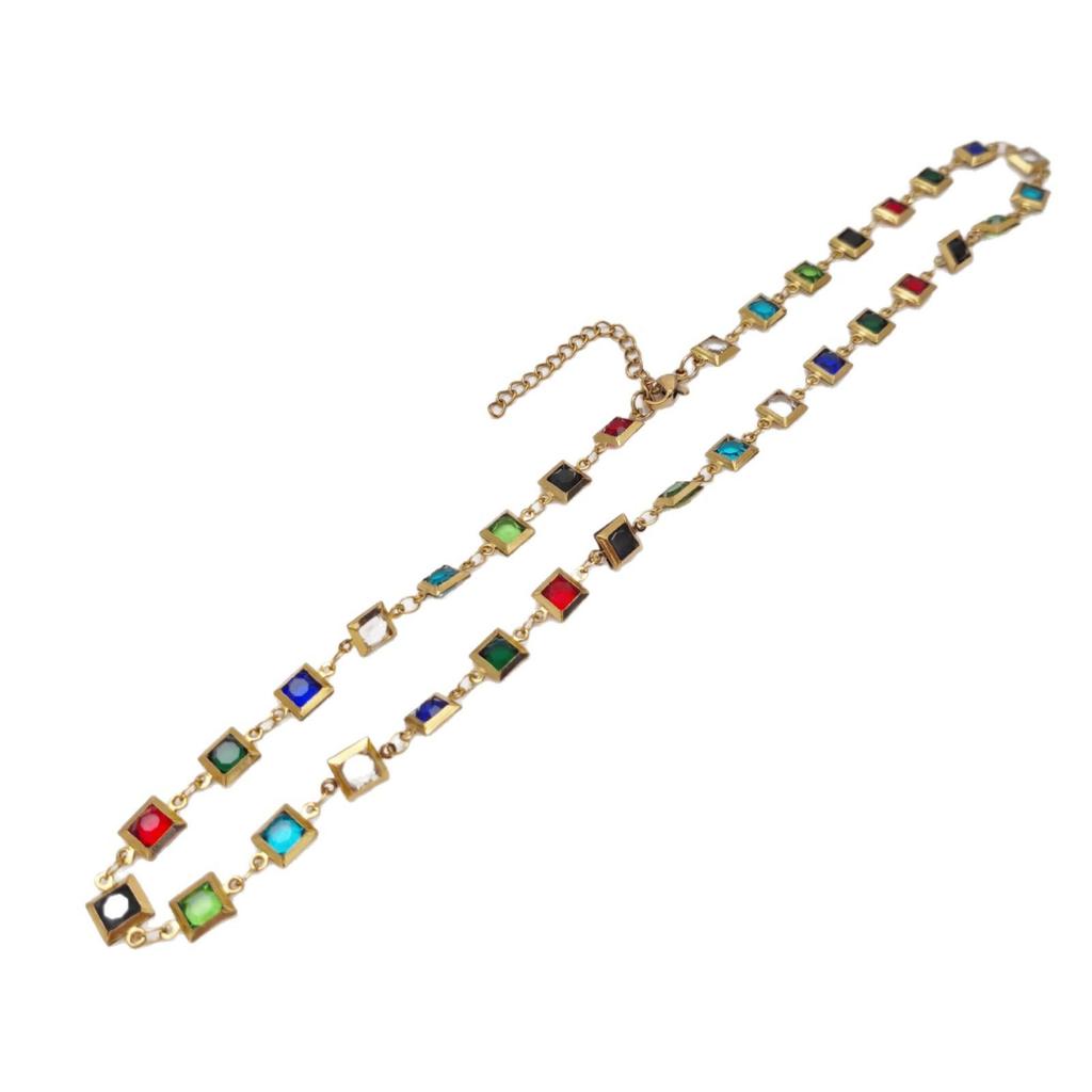 Stainless Steel Crystal Glass Necklace with Mixed Color Edge Clasp – Light Luxury European and American Style