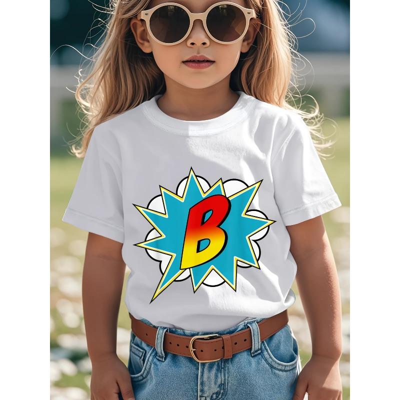 European Sizes ' B-Superhero  T-Shirt - Letter B Logo & Comic Explosion Print Short Sleeve Tee, Casual Party Outfit