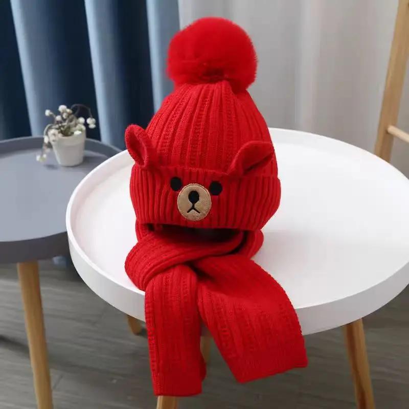 Bear Knitted Hat Winter Beanie Hat Scarf Set Warm Protection Knitted Children Winter Hat & Scarf Set Knit Beanie Winter Hats