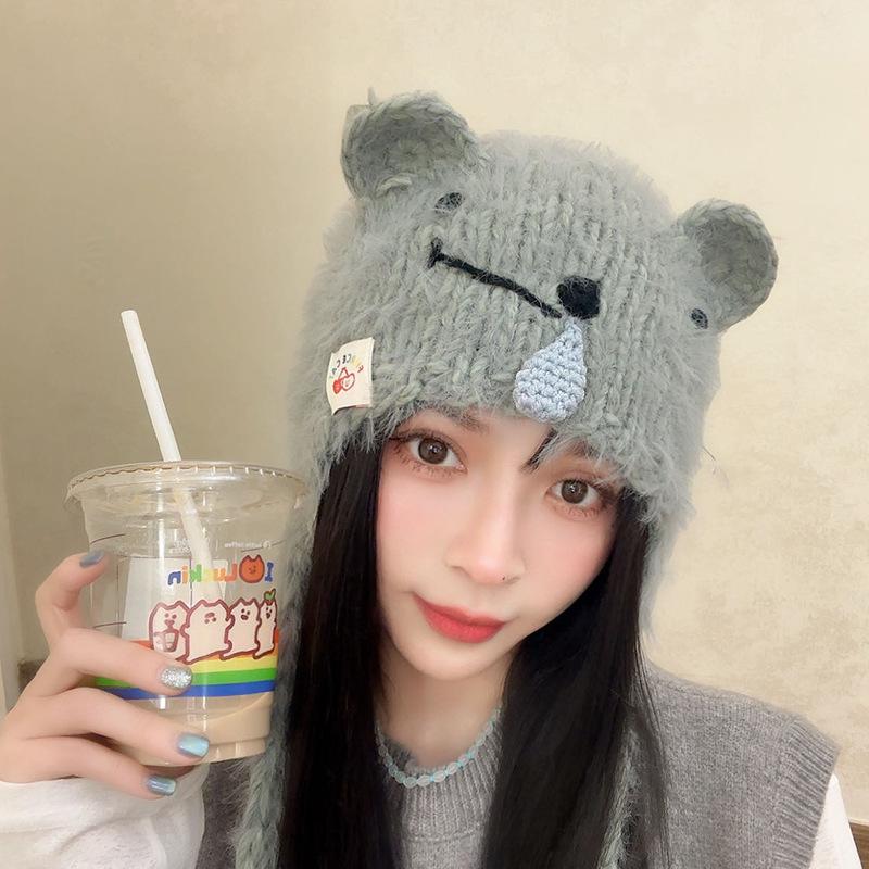 

New Cute Snotty Koala Braided Woolen Hat for Women In Autumn and Winter Warm and Versatile Plush Ear Protection Knitted Hat M（56-58cm）