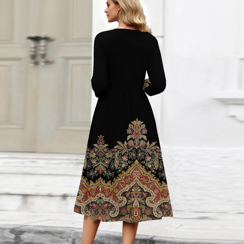 3/4-Ärmel Damenkleid Lässig Fließend A-Linie Midi T-Shirt Kleider mit Taschen Rundhalsausschnitt Urlaub Boho Strand Sommerkleid