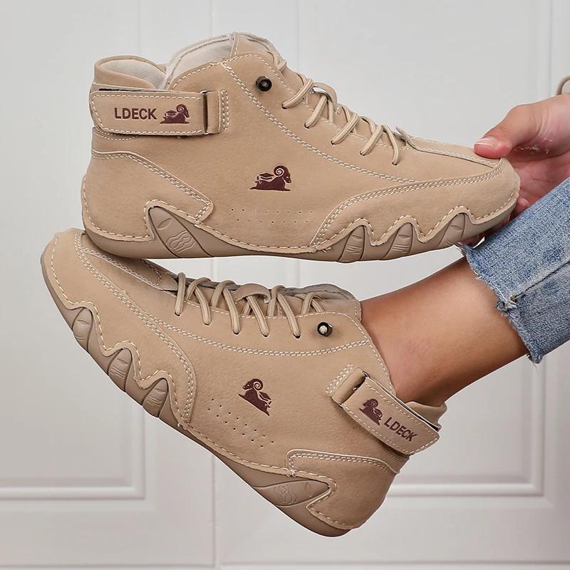 Khakifarbene Damenstiefel Trendige Bequeme Weichsohlige High-Top-Stiefel Vielseitige Modische Pendel-Motorrad-Damen-Sneakers