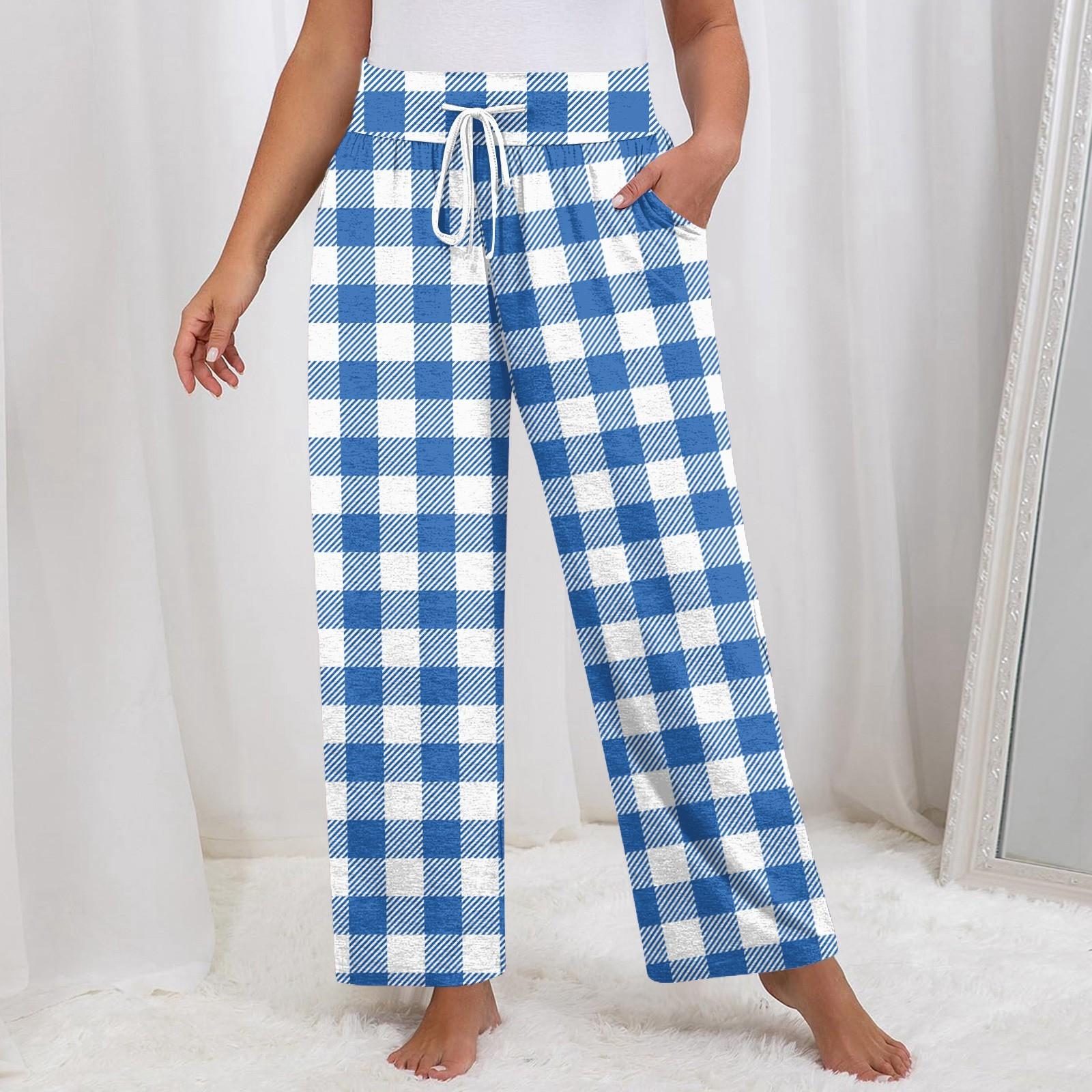 

Женские клетчатые штаны для йоги больших размеров с широкими штанинами, свободные повседневные спортивные штаны с карманами и завязками L синий