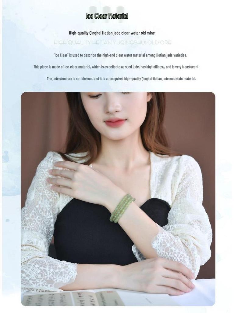 Natural Sunny Hetian Jade Women's Multi-Turn Bracelet with High Ice Green and Ice Base Beads