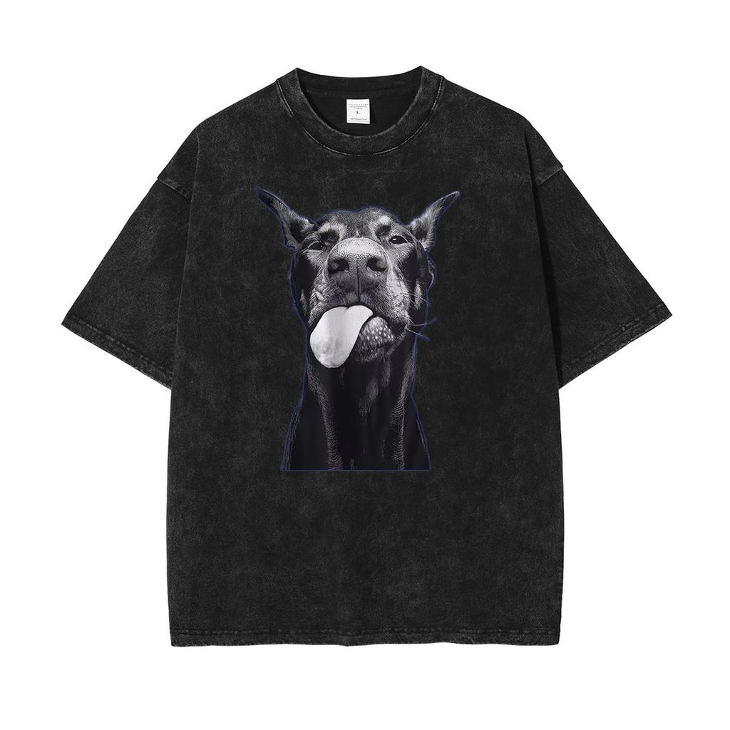 Dobermann Herren Kurzarm-T-Shirts Baumwolle Gewaschene T-Shirts Mode Druck O-Ausschnitt Oberteile Sommer Used Look G Hochwertige Bluse