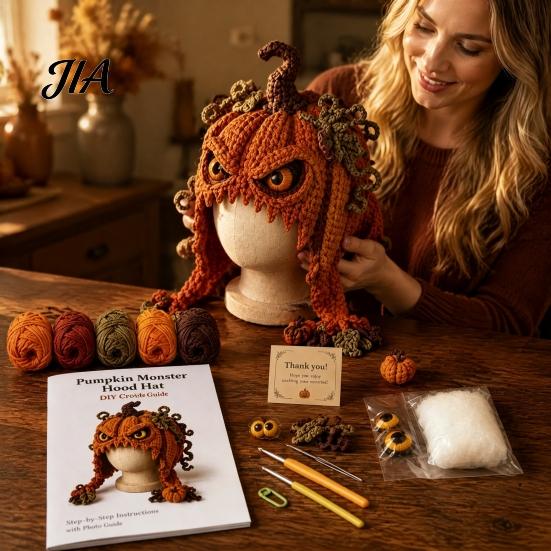 Art Class Supplies Halloween Animal Hood Crochet Kit, Skull Spider Bat Hat DIY Fashionable Earflap Spooky Pumpkin Craft Kit for Adults Teens,