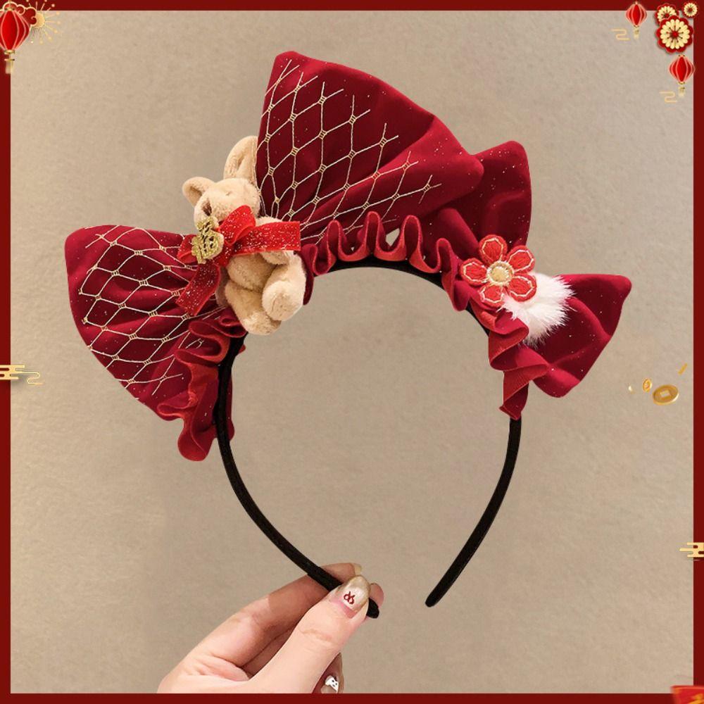 Pony New Year Headband Red Plush Hair Hoop Cute Red Velvet Bow Hairband  Children