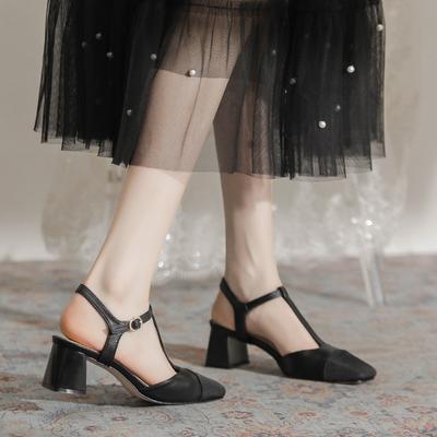 Baotou Back Empty Thick Heel Sandals Women's 2025 Summer New T-band Fashion Square Head Color Matching Mary Jane High Heels