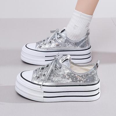 2024 New Women Sequins with Thick Bottom Canvas Shoes Spring/Summer Student Vulcanized Shoes Casual Running Sneakers