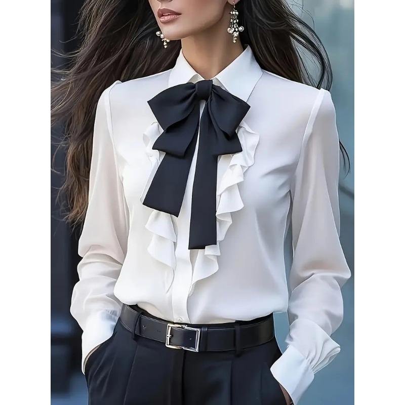 

women s Solid Color Bow Tie Ruffle Trim Turn Down Collar Long Sleeve Blouse Elegant Commuter Shirt Top S белый