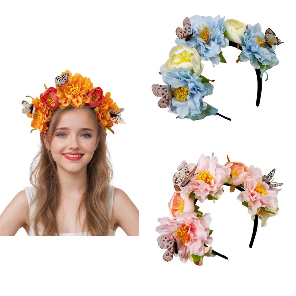 Fabric Flower Headband for Music Festival with Butterfly Decors Music Festival Accessory Hairhoop Wedding Bride Headwear