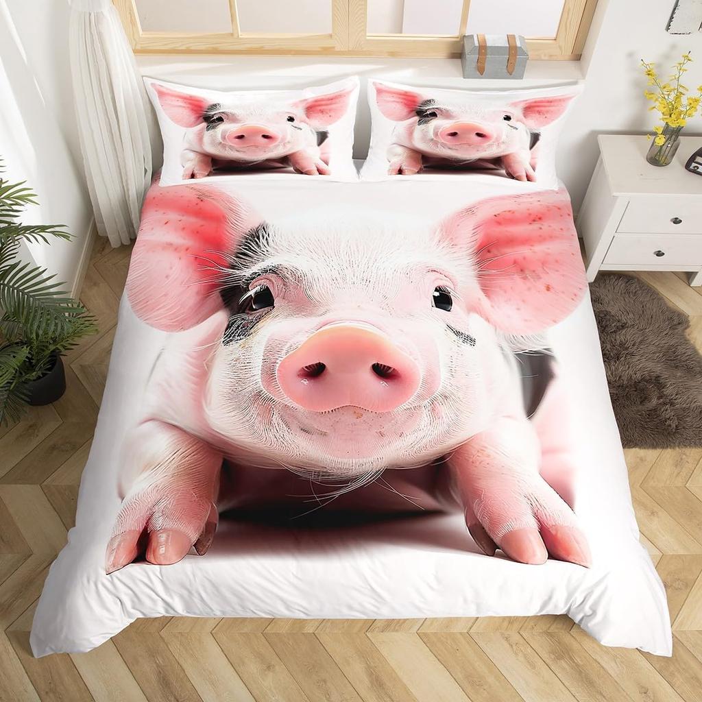 Farm Animal Pig Bedding Set Full Queen Size, Cute Pig Duvet Cover For Kids Girl, Cartoon Pigs Comforter Cover With 2 Pillow Case