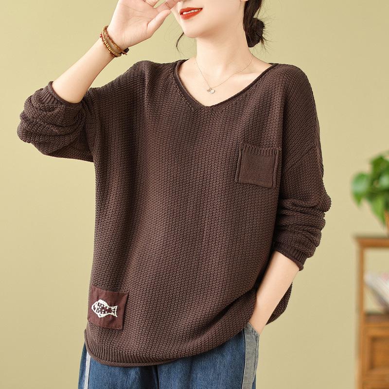 Retro Style V-Neck Patchwork Cotton Knit Sweater - Long Sleeve Loose Fit Pullover