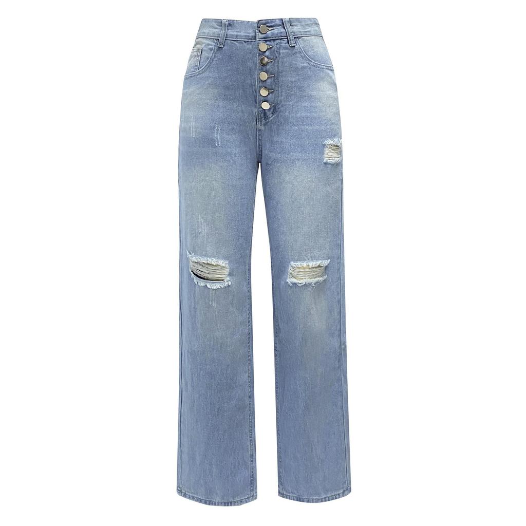 2025 Women's Blue Ripped Loose Straight-Leg Jeans: European & American Style, Washed Casual Long Pants