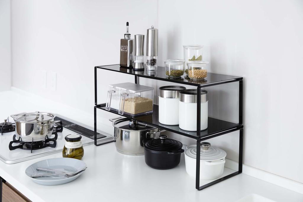 Yamazaki Jitsugyo 3866 Extendable Storage Shelf Black X D23 X H18cm Tower Under Sink Storage Kitchen Rack Approx. W36.5-60