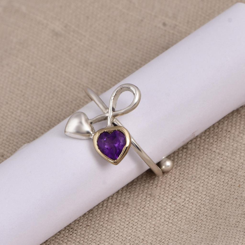 Infinity Heart Amethyst Ring, Adjustable 925 Sterling Silver Ring, Minimalist Promise Ring, Romantic Jewelry Gift for Her.