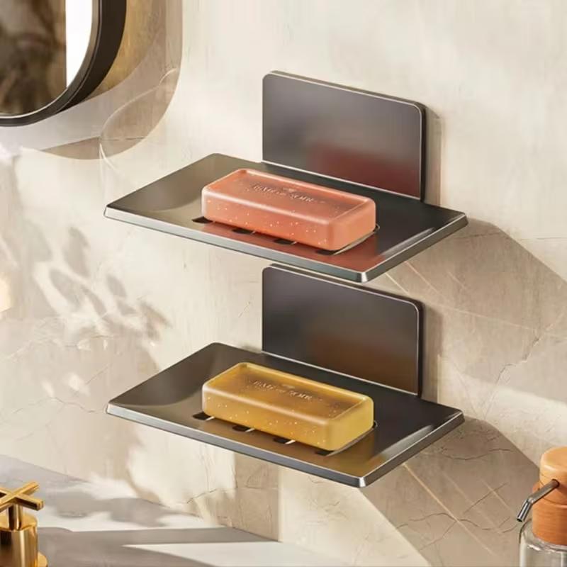 Carbon Steel Punch-Free Wall-Mounted Bathroom Storage Soap Dish, Hole-Free Adhesive Kitchen Storage Soap Holder Rack